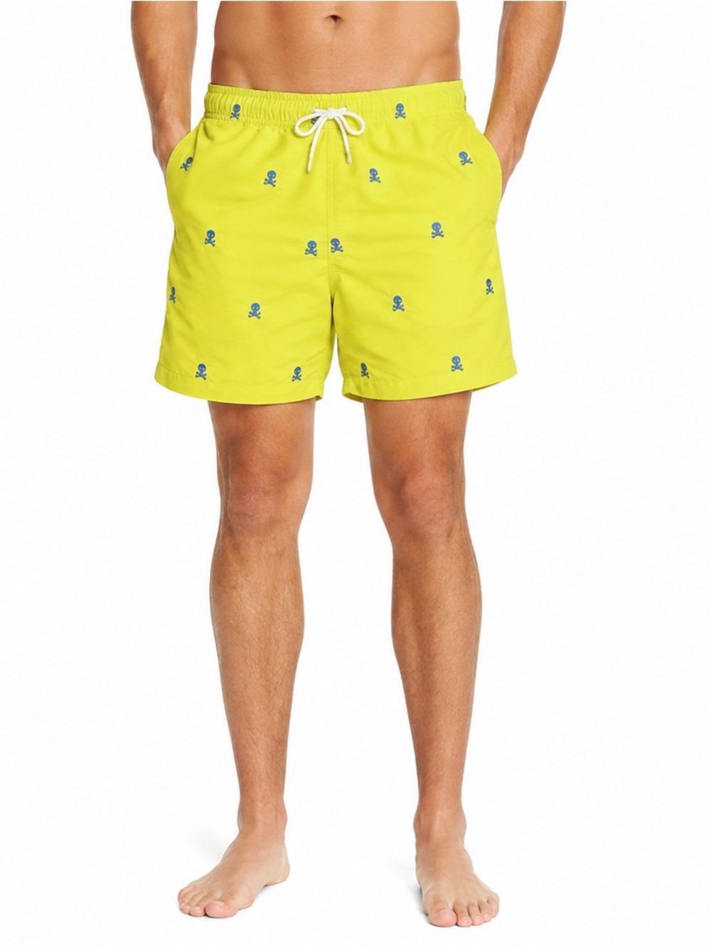 Title:
J McLaughlin Men’s XL Skull Crossbones Swim Trunks Yellow Blue Lined